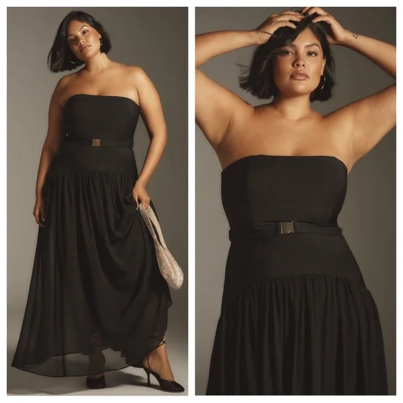 NEW Anthropologie Hutch Carmel Drop Waist Strapless Belted Maxi Dress Black